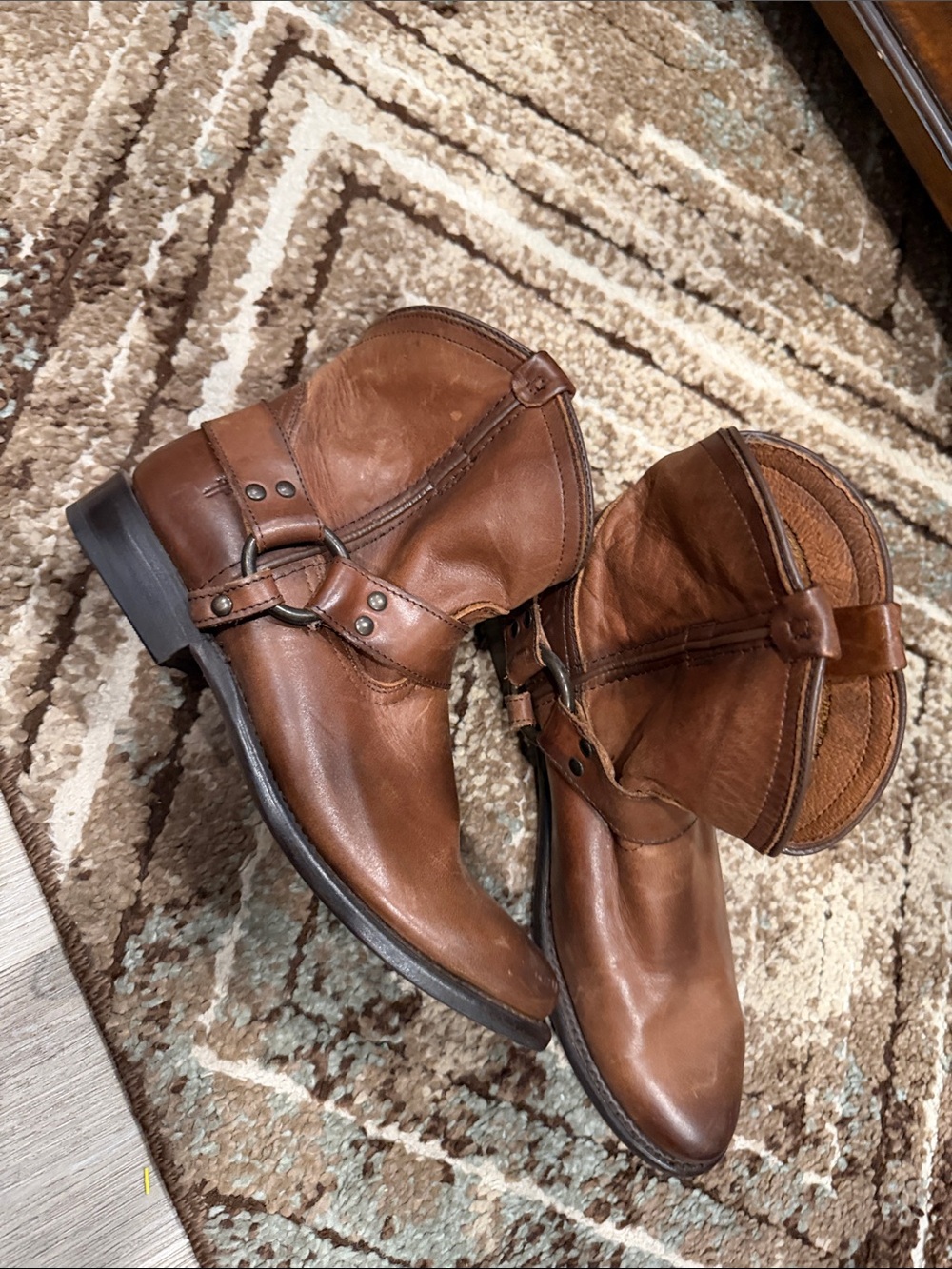 Woman Brown Leather Harness Ankle Boots